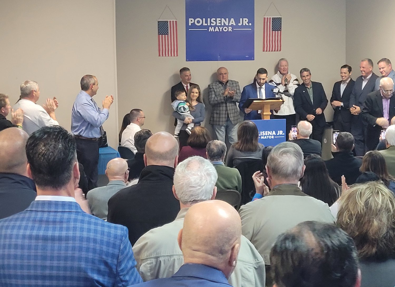 BIG CROWD: Joe Polisena Jr. announced his candidacy for mayor, in front of friends, family, local politicians and key community representatives.